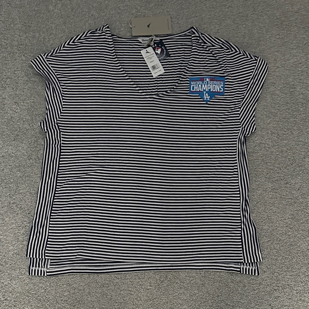 Tommy Bahama Navy LA Dodger and White Striped Short Sleeve Tee